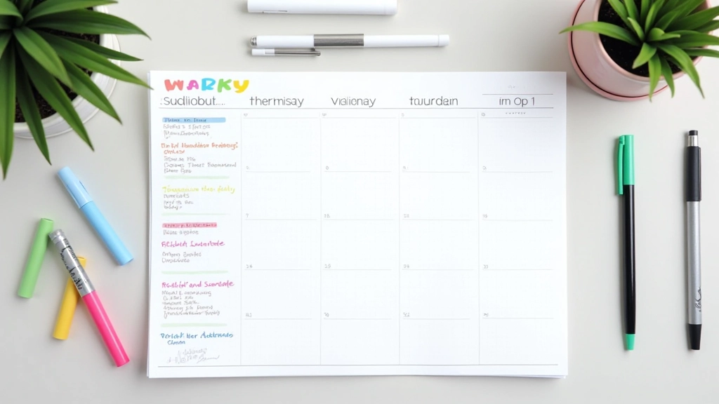 Calendar and weekly planner spread open showing organized schedule with color coding