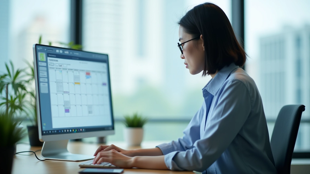 Person planning schedule on digital calendar with color-coded time blocks